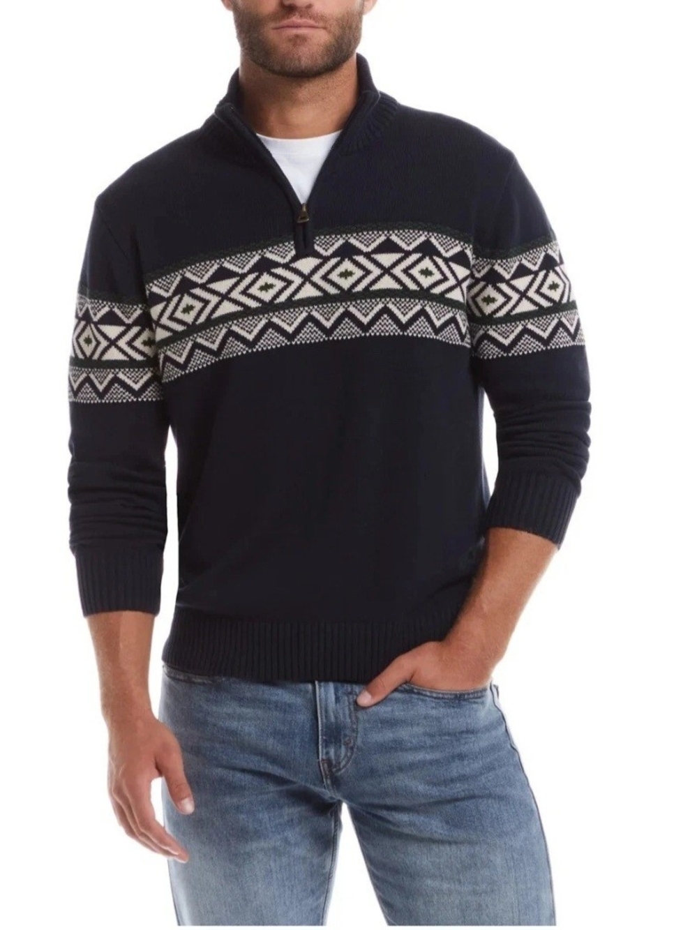 Weatherproof Men's Navy Zip-Neck Sweater with Cream Fair Isle Band